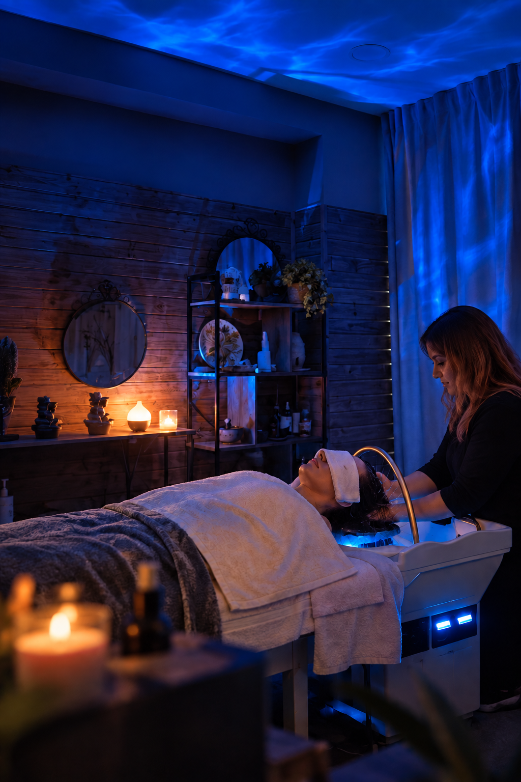 Sessão de Head Spa num ambiente azul com luz de velas