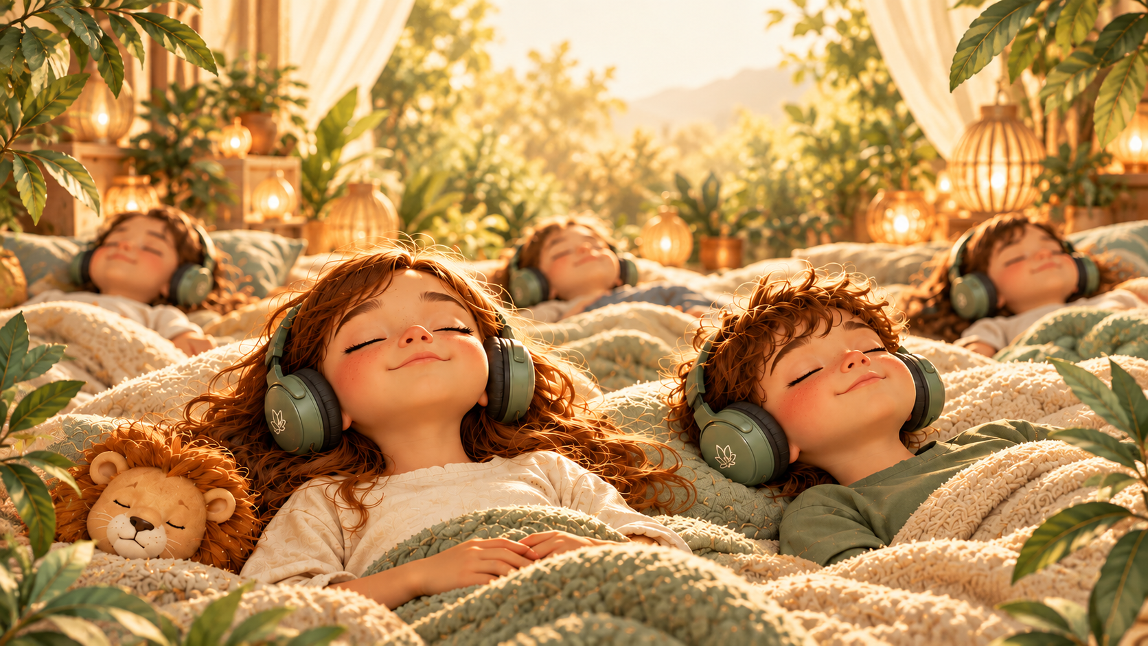 Crianças deitadas com headphones num ambiente acolhedor